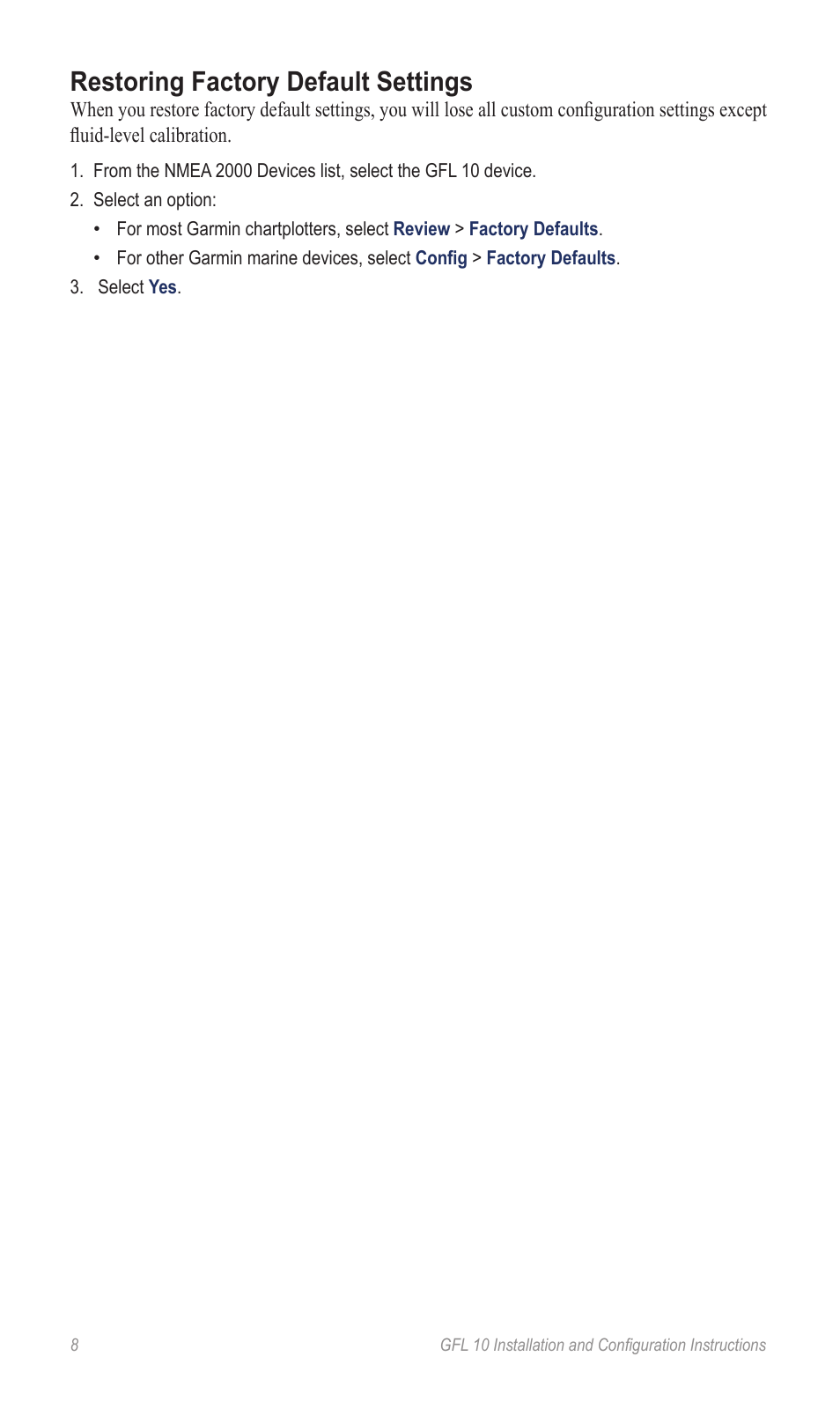 Restoring factory default settings | Garmin GFL 10 User Manual | Page 8 / 10