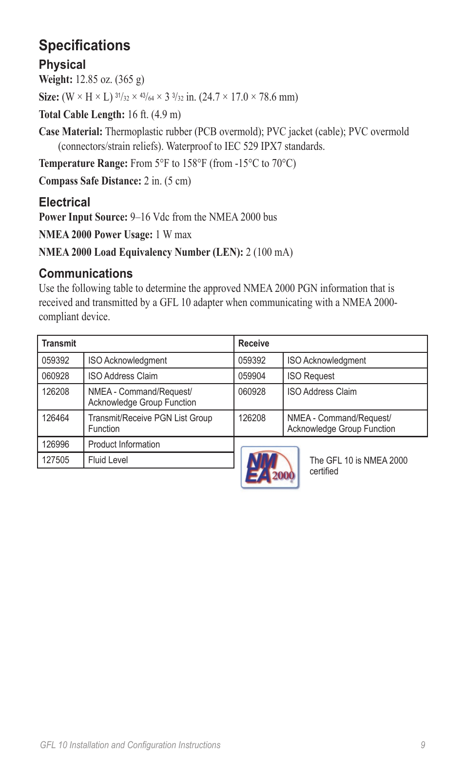 Specifications, Physical, Electrical | Communications | Garmin GFL 10 User Manual | Page 9 / 10