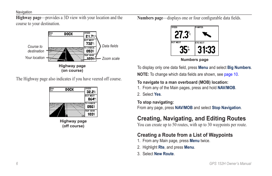 Creating, navigating, and editing routes | Garmin GPS 152H User Manual | Page 10 / 32