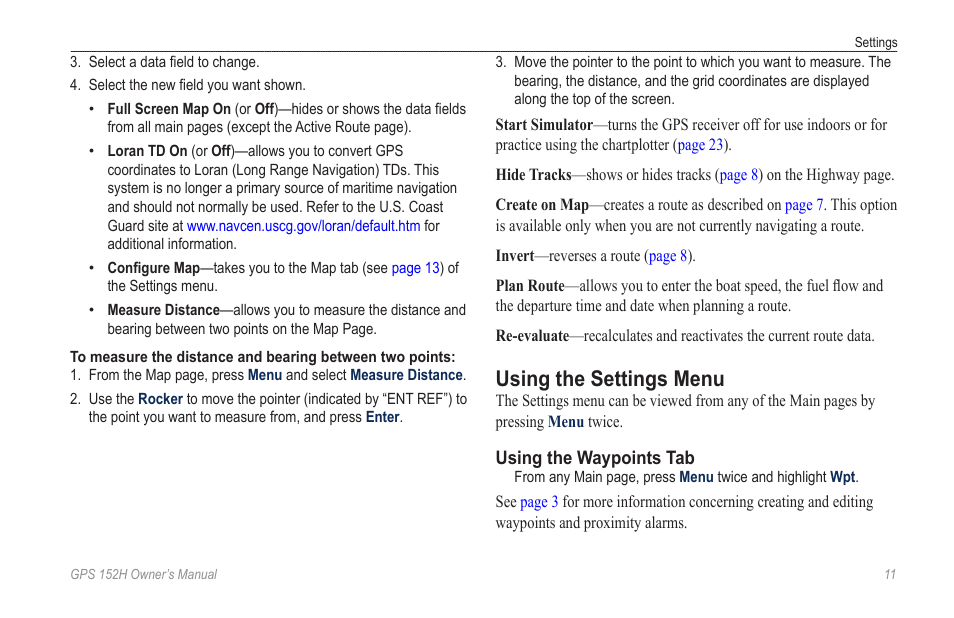 Using the settings menu | Garmin GPS 152H User Manual | Page 15 / 32