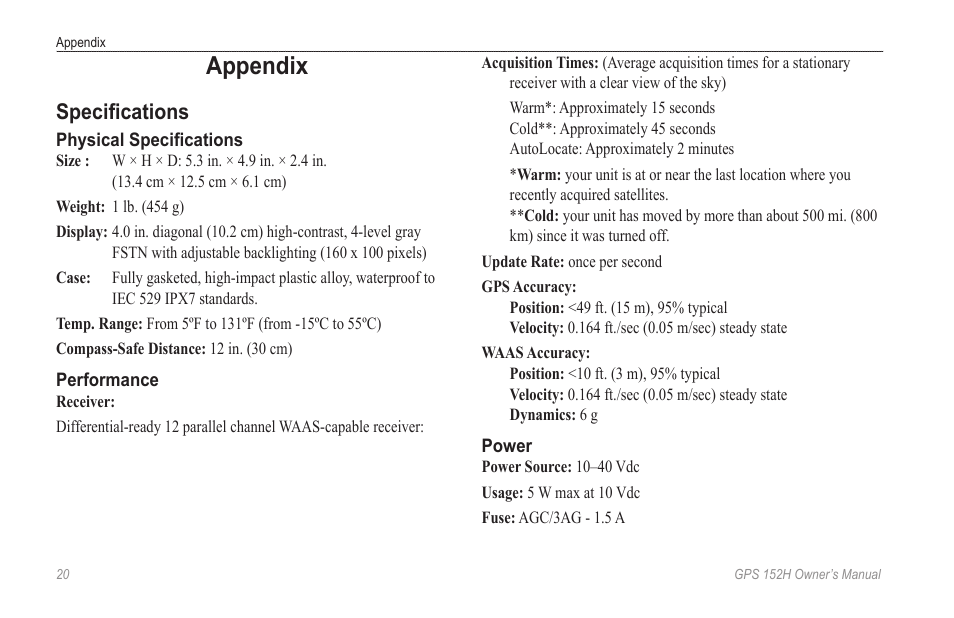 Appendix, Specifications | Garmin GPS 152H User Manual | Page 24 / 32