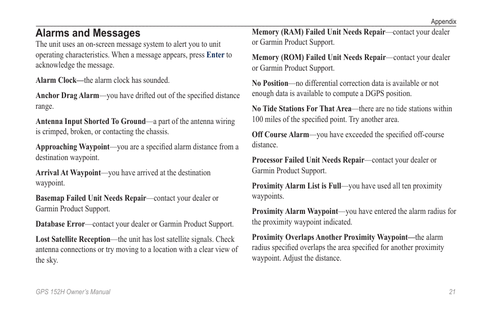 Alarms and messages | Garmin GPS 152H User Manual | Page 25 / 32