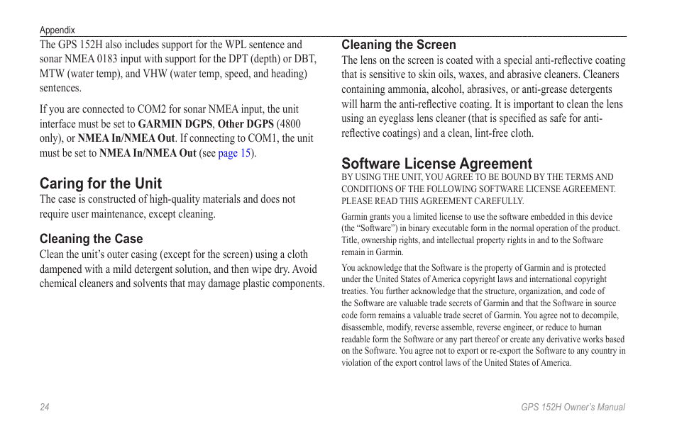 Caring for the unit, Software license agreement | Garmin GPS 152H User Manual | Page 28 / 32