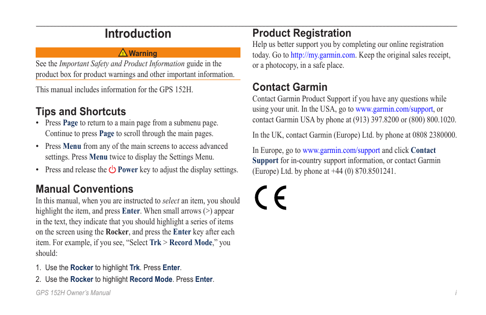 Introduction, Tips and shortcuts, Manual conventions | Product registration, Contact garmin | Garmin GPS 152H User Manual | Page 3 / 32