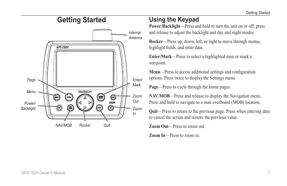 Getting started, Using the keypad | Garmin GPS 152H User Manual | Page 5 / 32