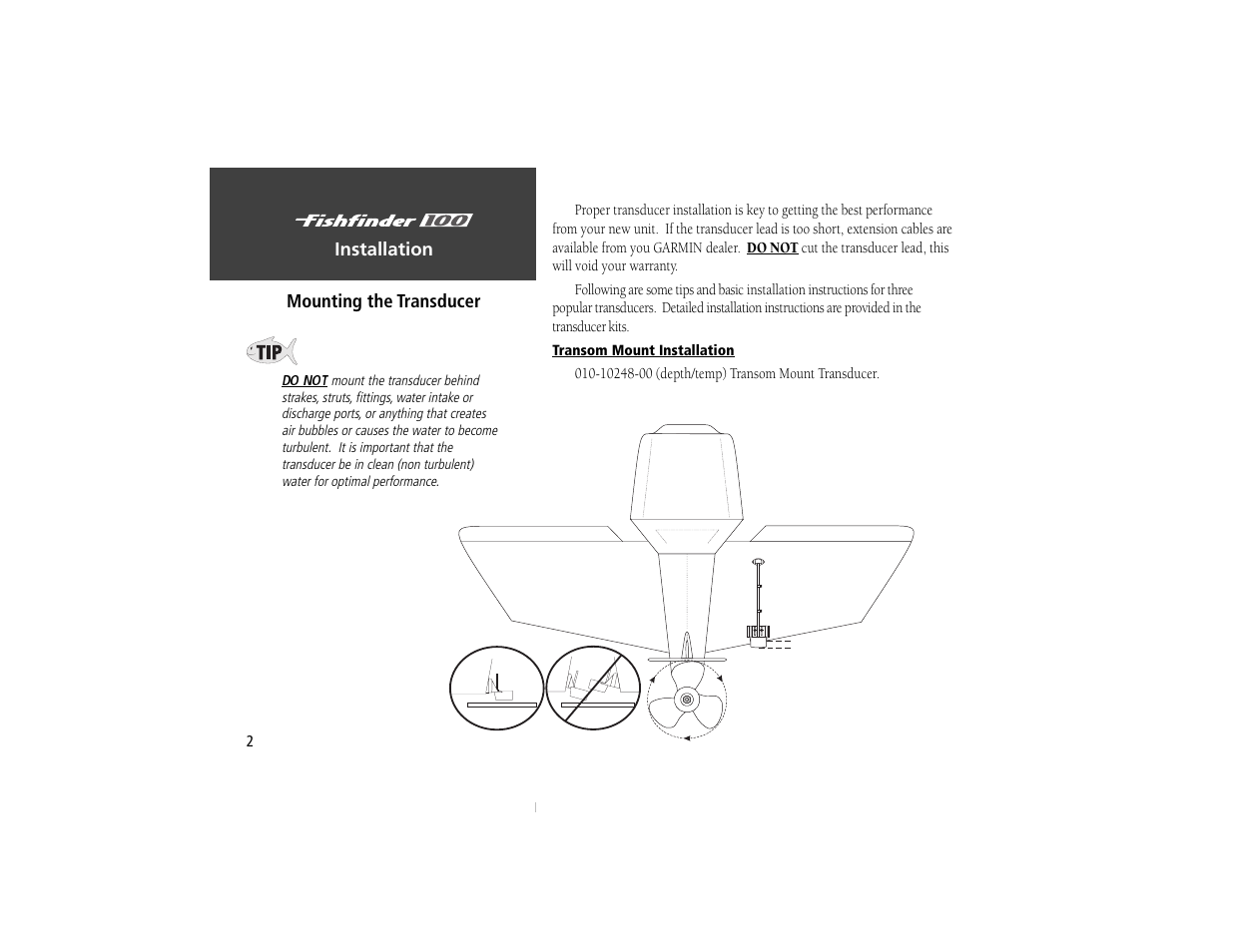 Installation mounting the transducer | Garmin Fishfinder 100 User Manual | Page 10 / 49