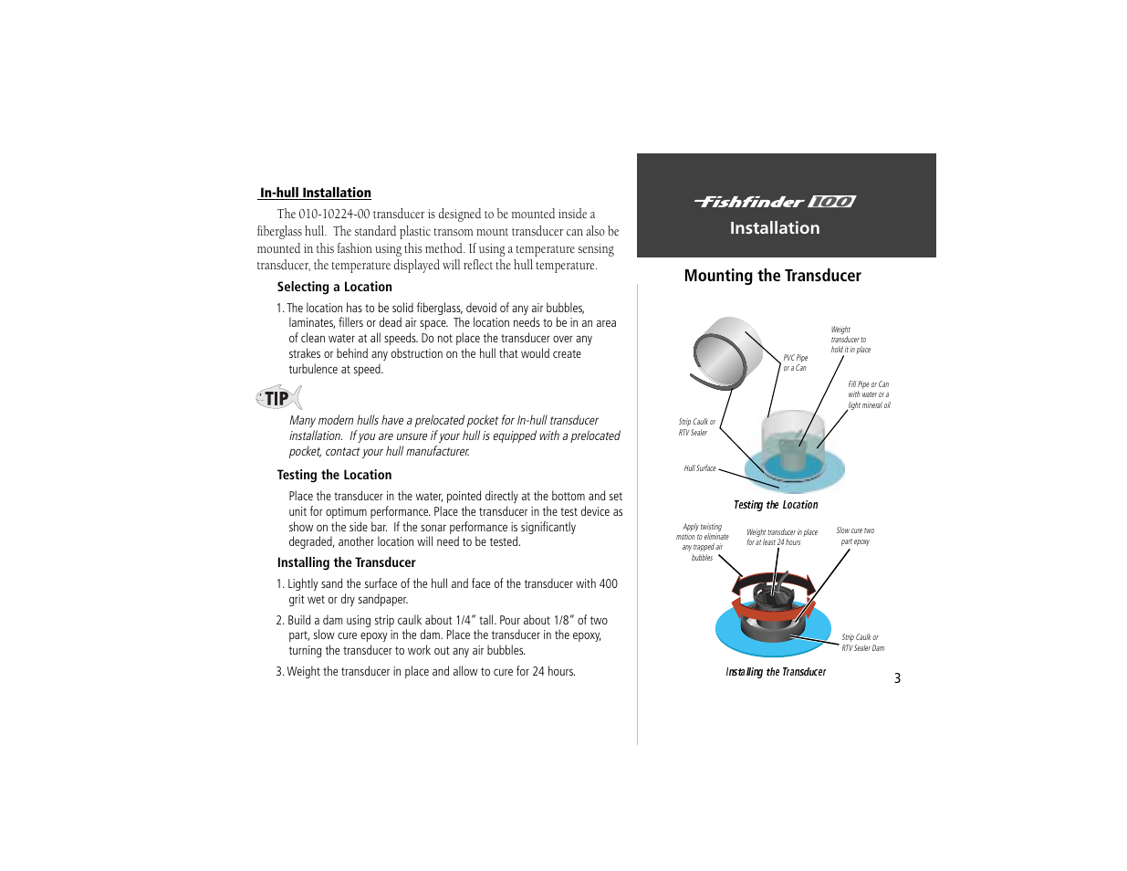 Installation mounting the transducer | Garmin Fishfinder 100 User Manual | Page 11 / 49