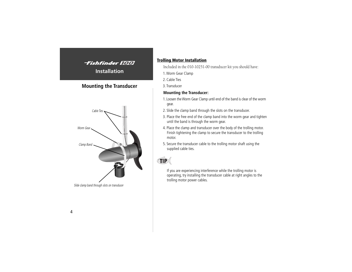 Installation mounting the transducer | Garmin Fishfinder 100 User Manual | Page 12 / 49