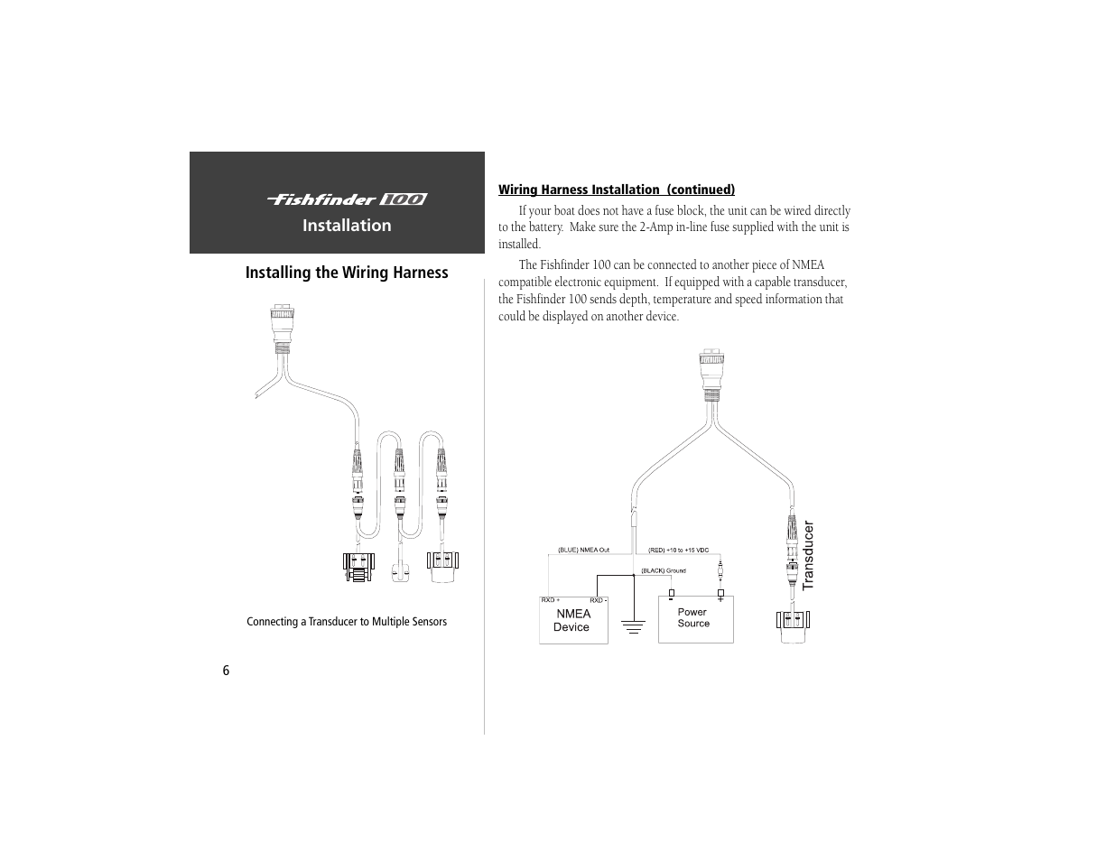 Installation, Installing the wiring harness | Garmin Fishfinder 100 User Manual | Page 14 / 49