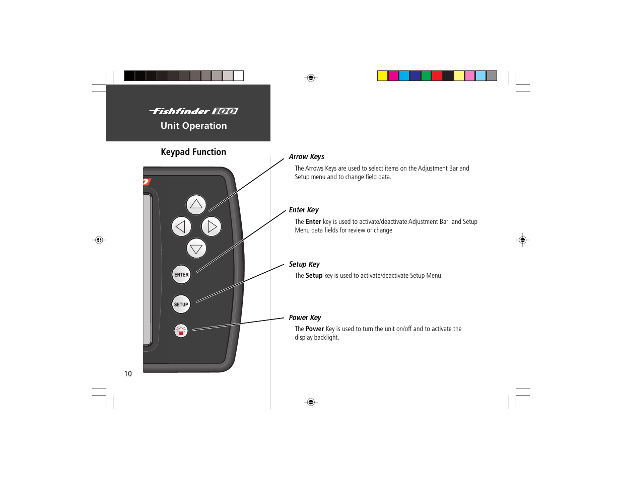 Unit operation keypad function | Garmin Fishfinder 100 User Manual | Page 18 / 49