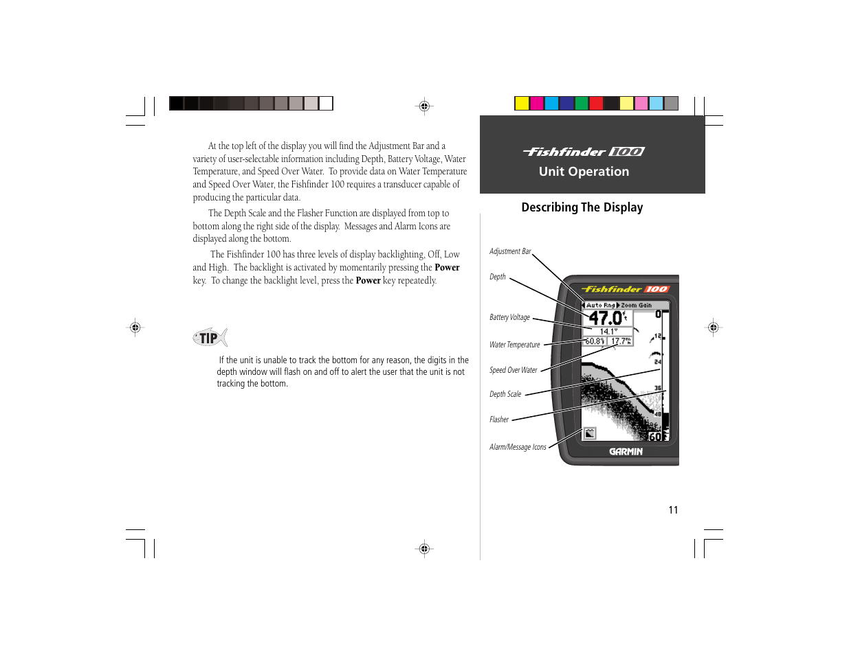 Unit operation, Describing the display | Garmin Fishfinder 100 User Manual | Page 19 / 49