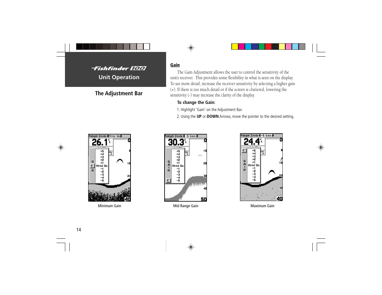 Unit operation, The adjustment bar | Garmin Fishfinder 100 User Manual | Page 22 / 49