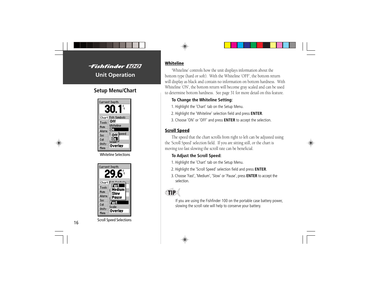 Unit operation setup menu/chart | Garmin Fishfinder 100 User Manual | Page 24 / 49