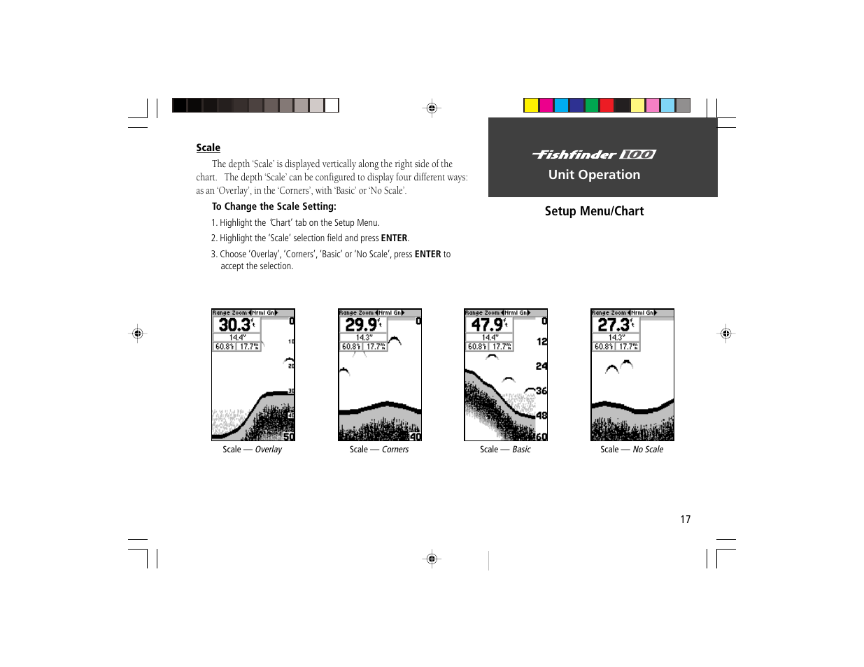 Unit operation setup menu/chart | Garmin Fishfinder 100 User Manual | Page 25 / 49