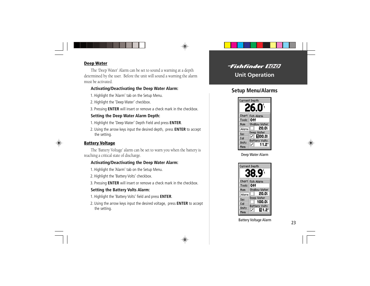 Unit operation setup menu/alarms | Garmin Fishfinder 100 User Manual | Page 31 / 49