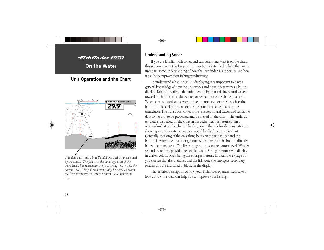 Unit operation, On the water understanding sonar, Unit operation and the chart | Garmin Fishfinder 100 User Manual | Page 36 / 49