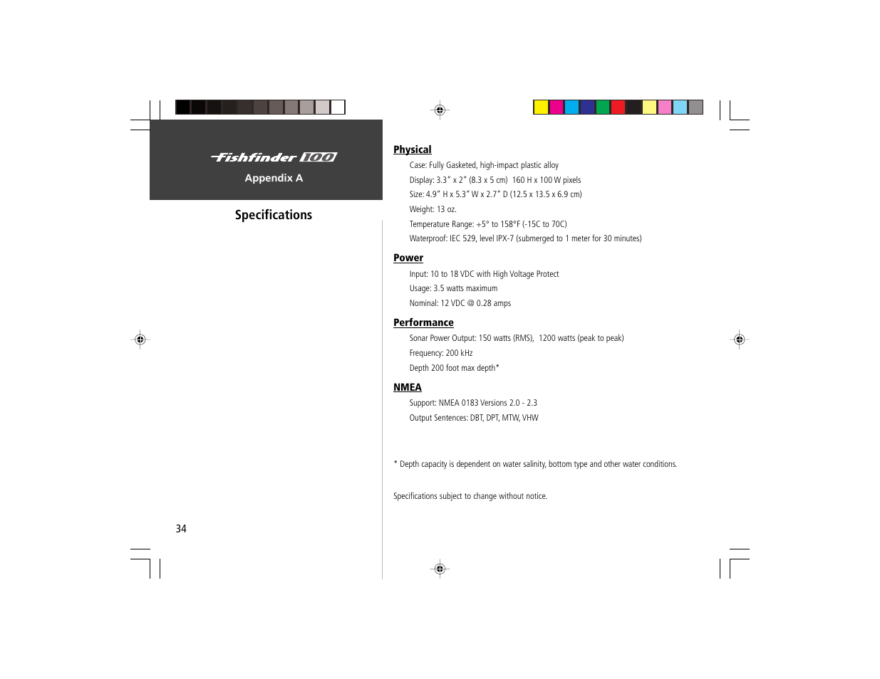 On the water, Specifications | Garmin Fishfinder 100 User Manual | Page 42 / 49