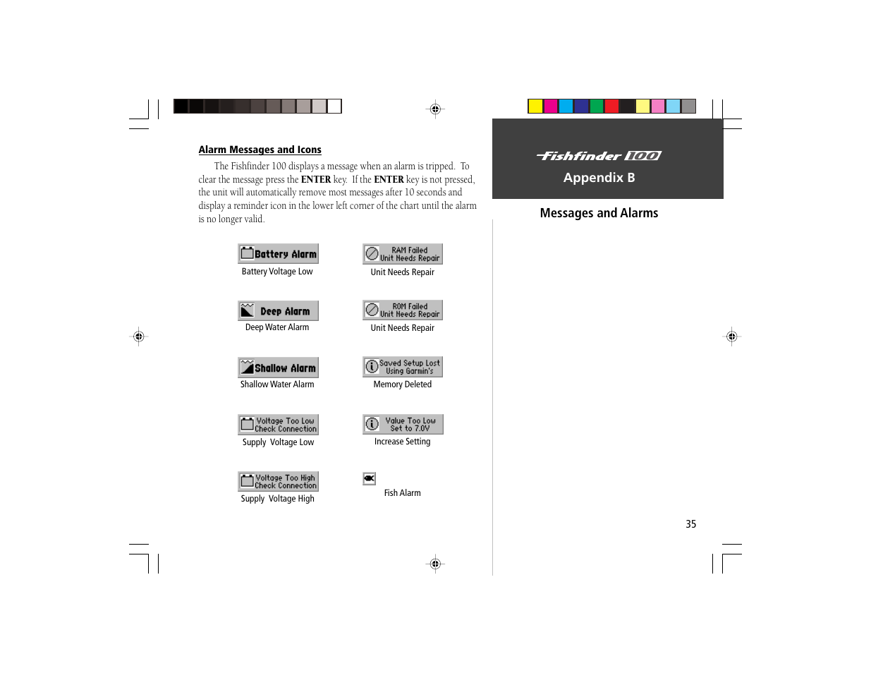 Appendix b, Messages and alarms | Garmin Fishfinder 100 User Manual | Page 43 / 49