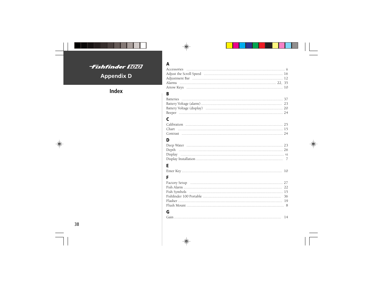 Appendix d index | Garmin Fishfinder 100 User Manual | Page 46 / 49