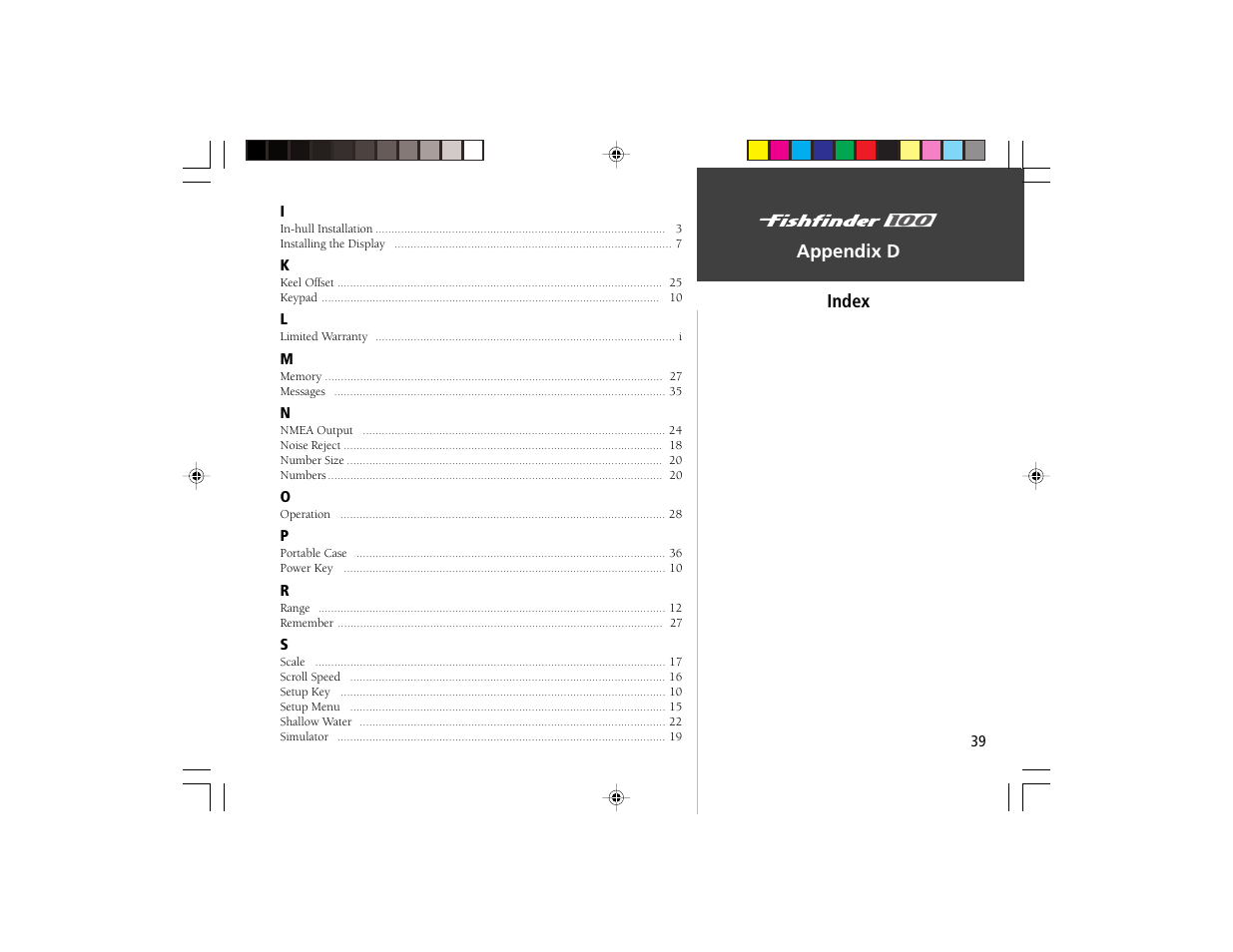 Appendix d index | Garmin Fishfinder 100 User Manual | Page 47 / 49