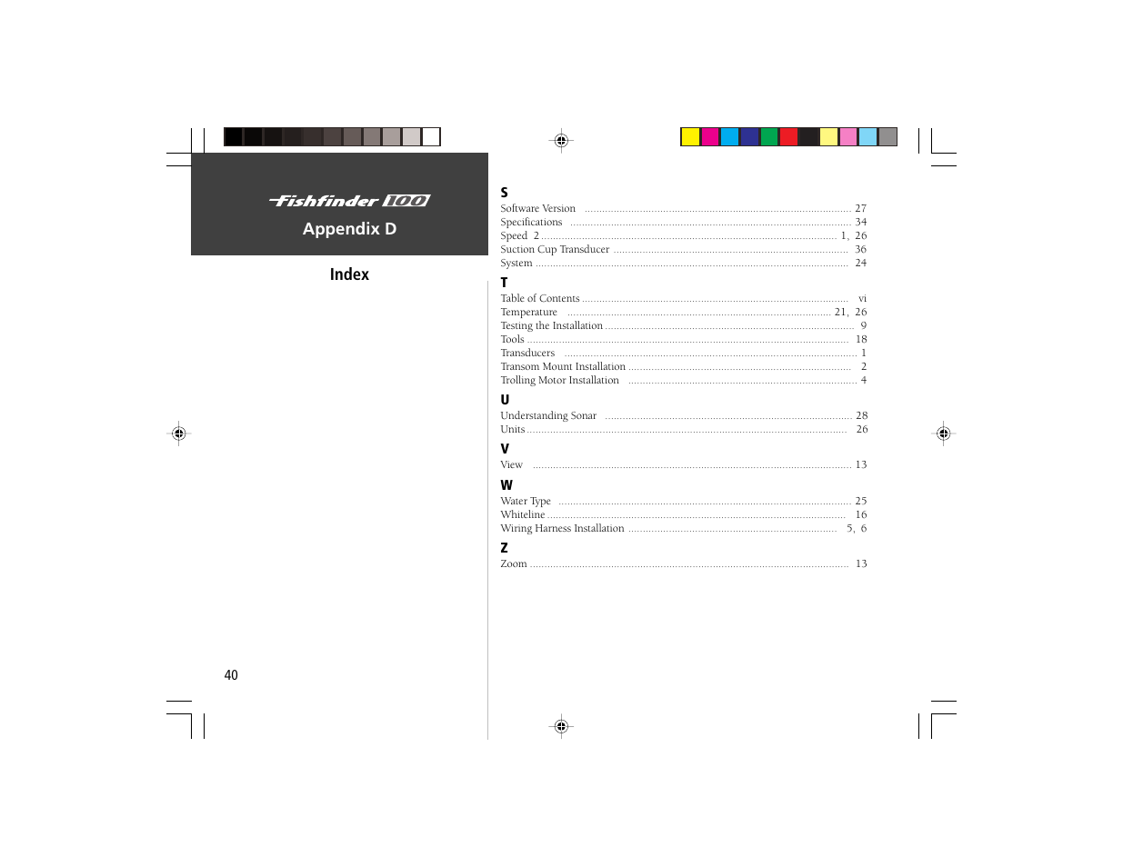 Appendix d index | Garmin Fishfinder 100 User Manual | Page 48 / 49