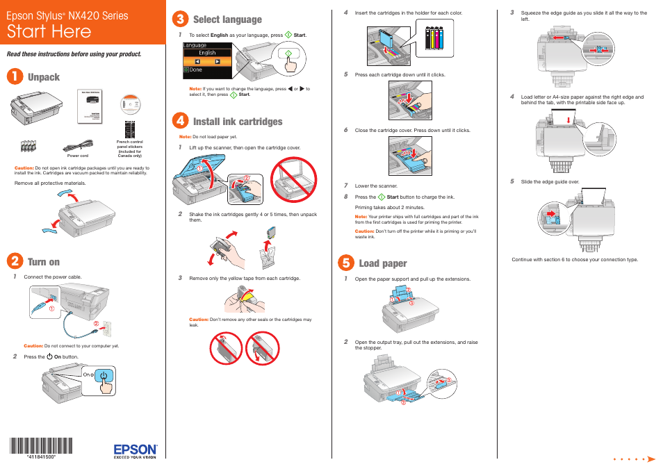 Load paper, Start here, Epson stylus | Nx420 series, Unpack, Turn on, Select language, Install ink cartridges | Garmin NX420 User Manual | Page 2 / 4