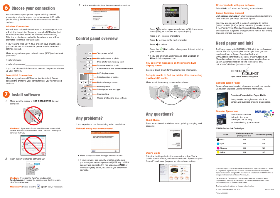 Any questions, Need paper and ink, Control panel overview | Any problems, Choose your connection, Install software | Garmin NX420 User Manual | Page 4 / 4