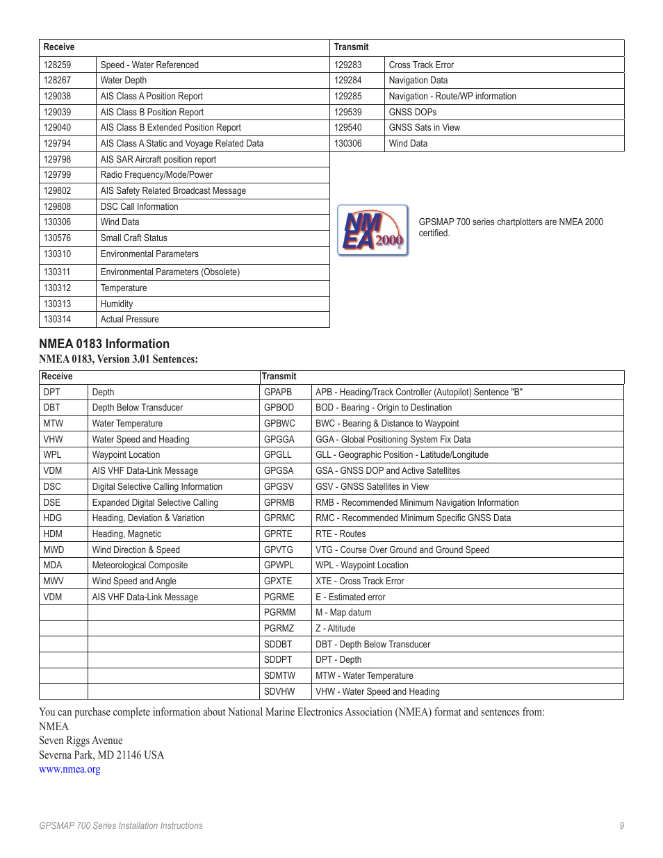 Nmea 0183 information | Garmin GPSMAP 740s User Manual | Page 9 / 10