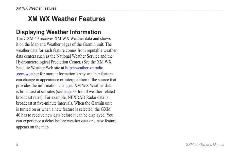Xm wx weather features, Displaying weather information | Garmin GXM 40 User Manual | Page 10 / 48