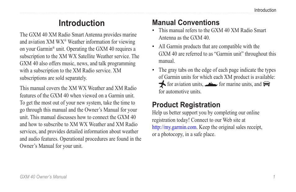 Introduction, Manual conventions, Product registration | Garmin GXM 40 User Manual | Page 3 / 48