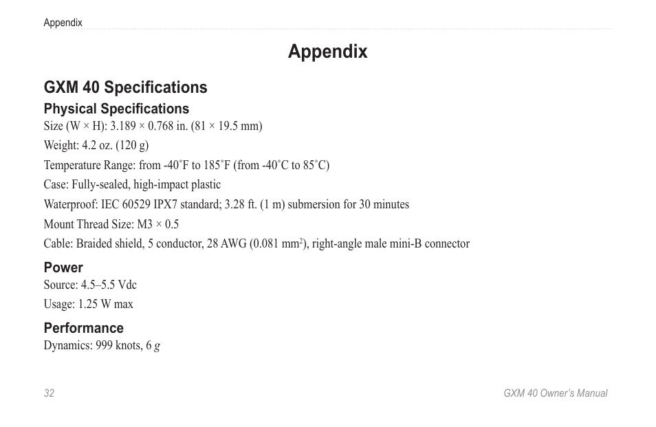 Appendix, Gxm 40 specifications | Garmin GXM 40 User Manual | Page 34 / 48