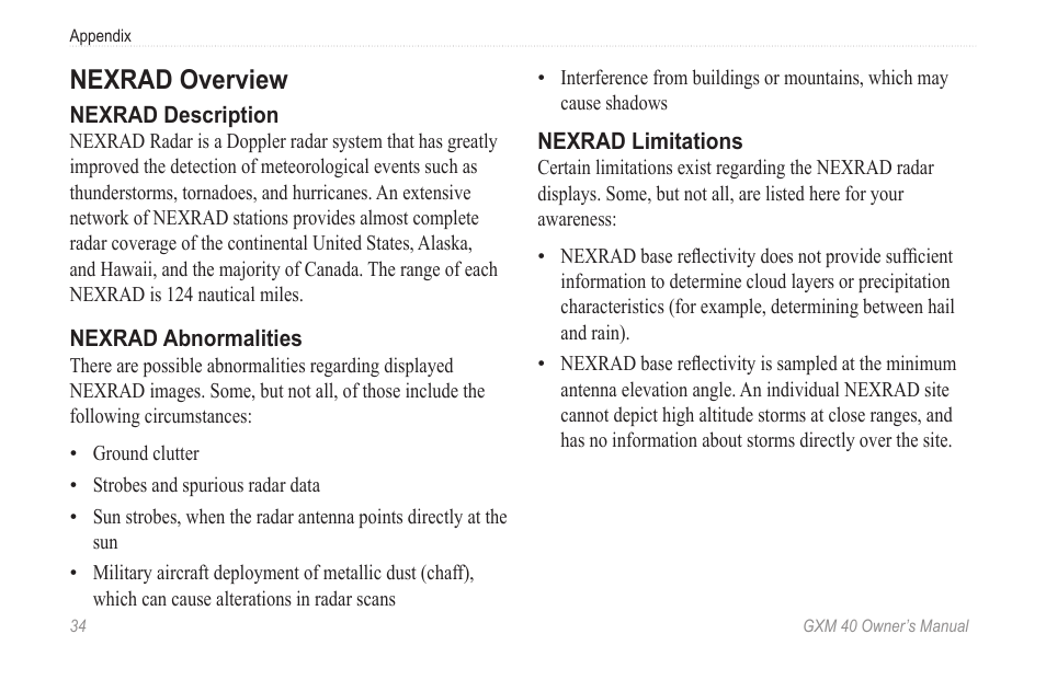 Nexrad overview | Garmin GXM 40 User Manual | Page 36 / 48