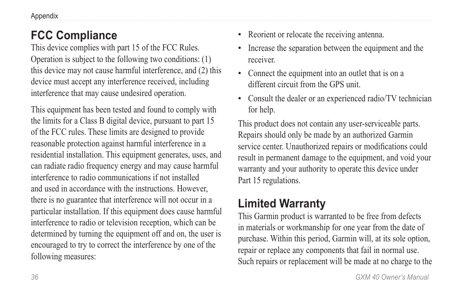 Fcc compliance, Limited warranty | Garmin GXM 40 User Manual | Page 38 / 48