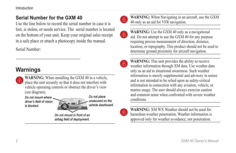 Warnings, Serial number for the gxm 40 | Garmin GXM 40 User Manual | Page 4 / 48