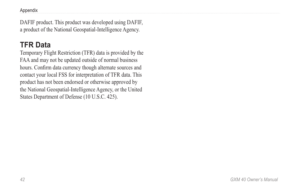 Tfr data | Garmin GXM 40 User Manual | Page 44 / 48