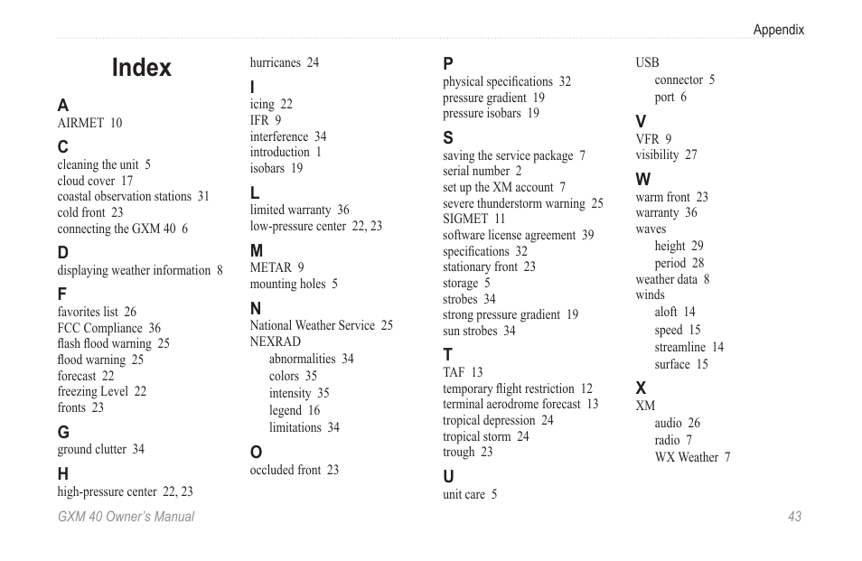 Index | Garmin GXM 40 User Manual | Page 45 / 48