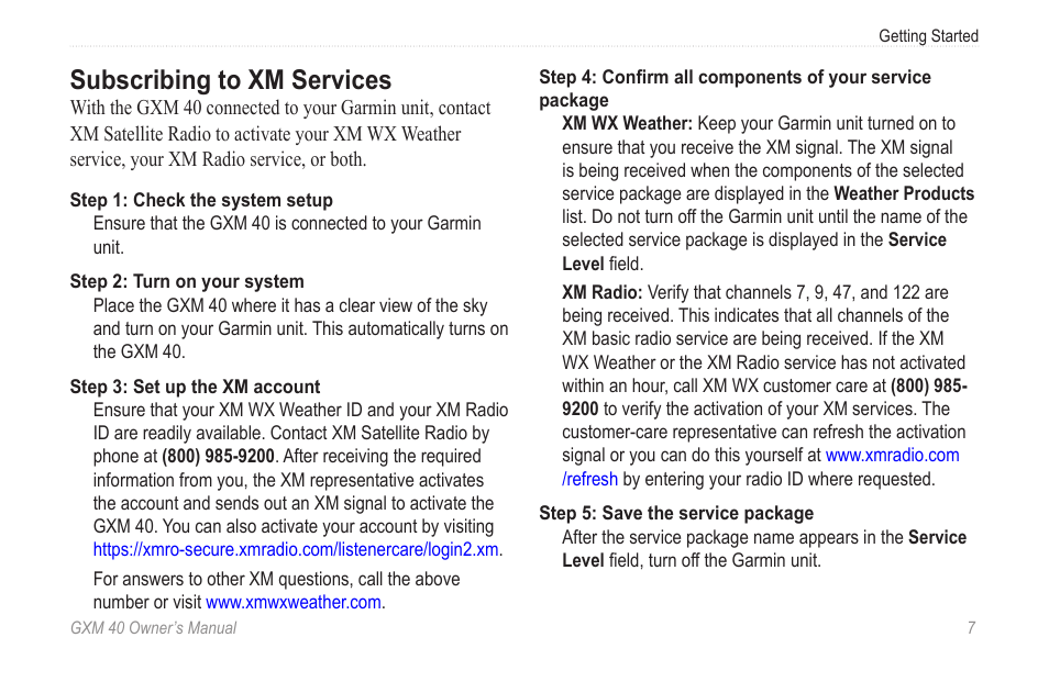 Subscribing to xm services | Garmin GXM 40 User Manual | Page 9 / 48