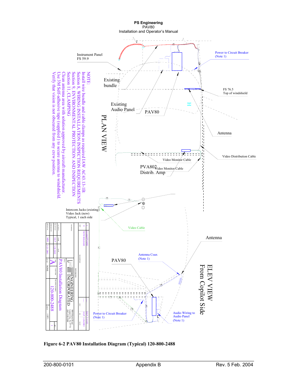 Plan view, Elev view from copilot side, Pva802 distrib. amp | Existing audio panel, Pav80 antenna, Existing bundle, Pav80, Pav80 installation diagram, Antenna | Garmin PAV80 User Manual | Page 25 / 36