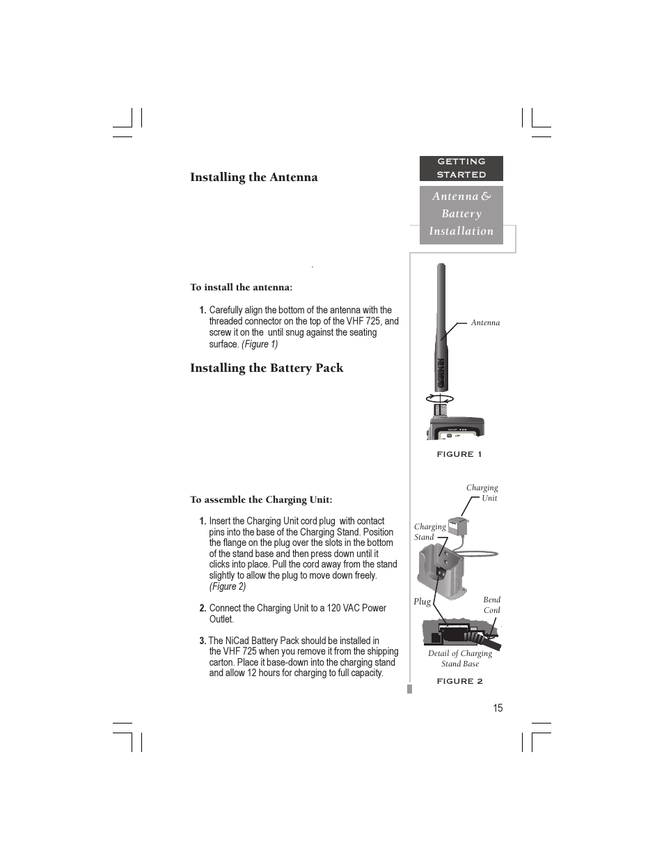 Installing the antenna, Installing the battery pack | Garmin VHF 725 User Manual | Page 21 / 44