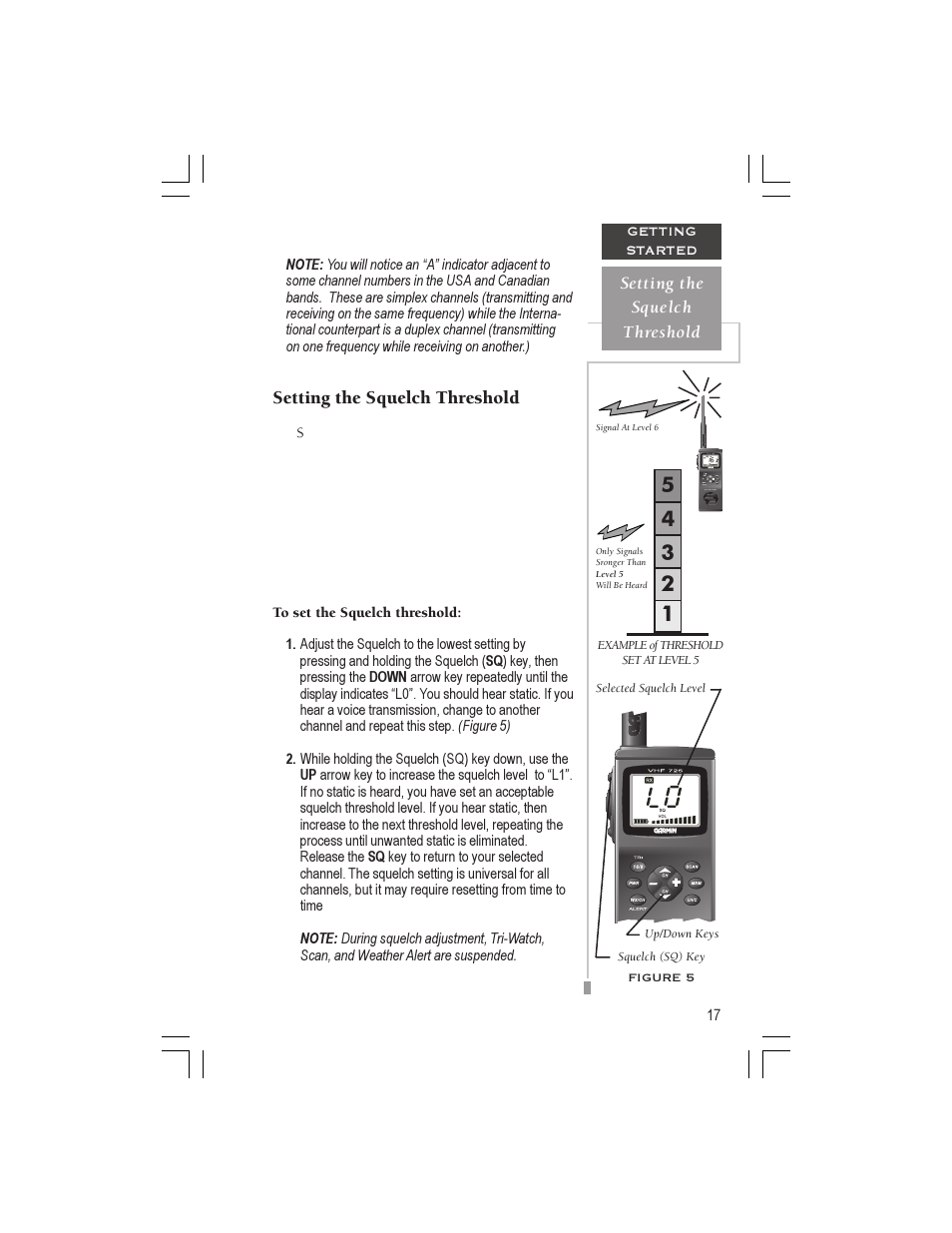 Setting the squelch threshold | Garmin VHF 725 User Manual | Page 23 / 44