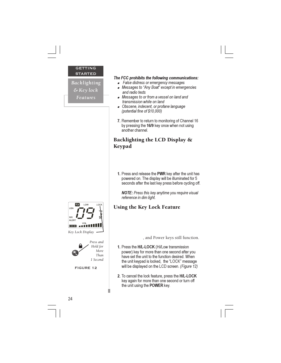 Backlighting the lcd display & keypad, Using the key lock feature | Garmin VHF 725 User Manual | Page 30 / 44