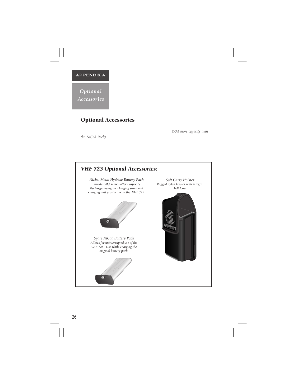 Optional accessories, Vhf 725 optional accessories | Garmin VHF 725 User Manual | Page 32 / 44