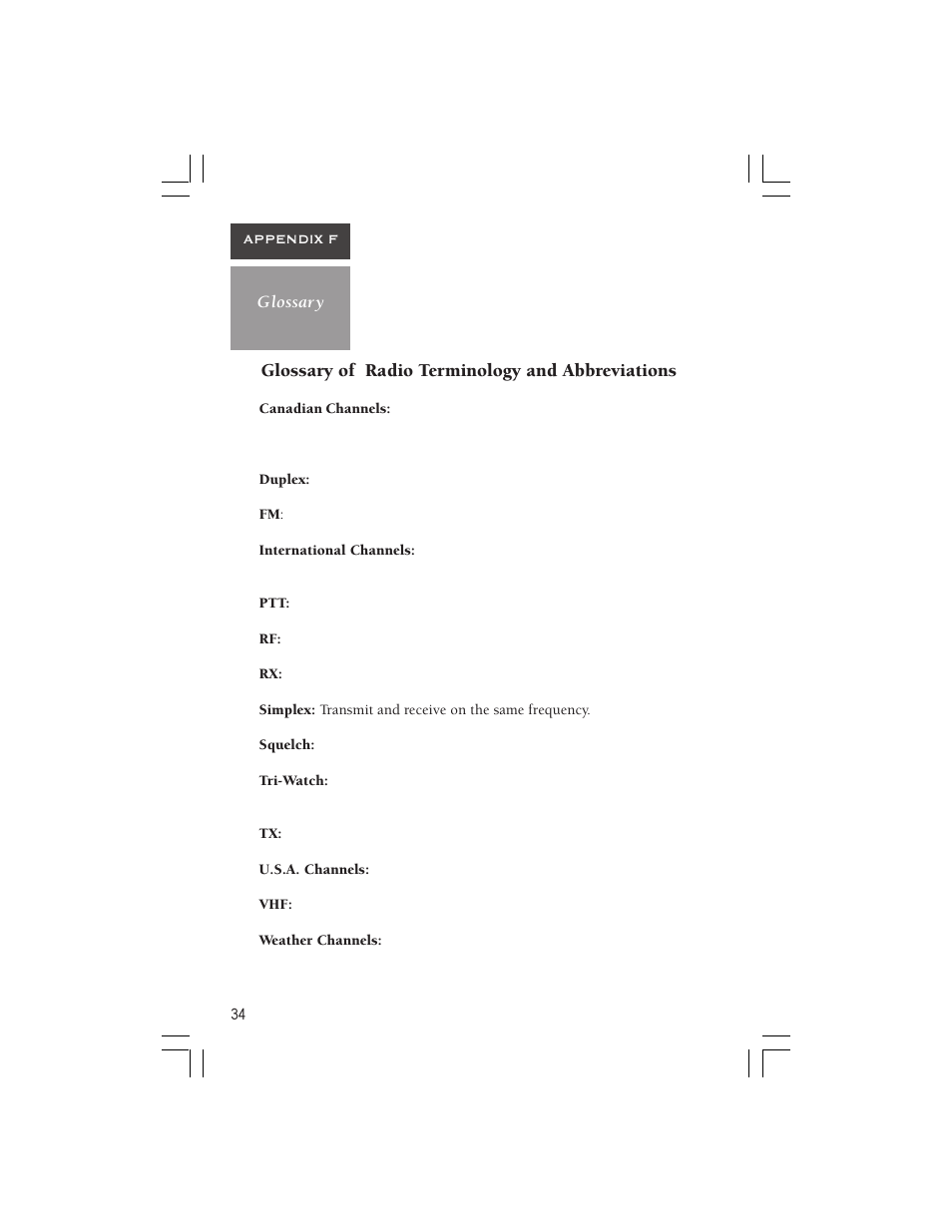 Glossary of radio terminology and abbreviations | Garmin VHF 725 User Manual | Page 40 / 44