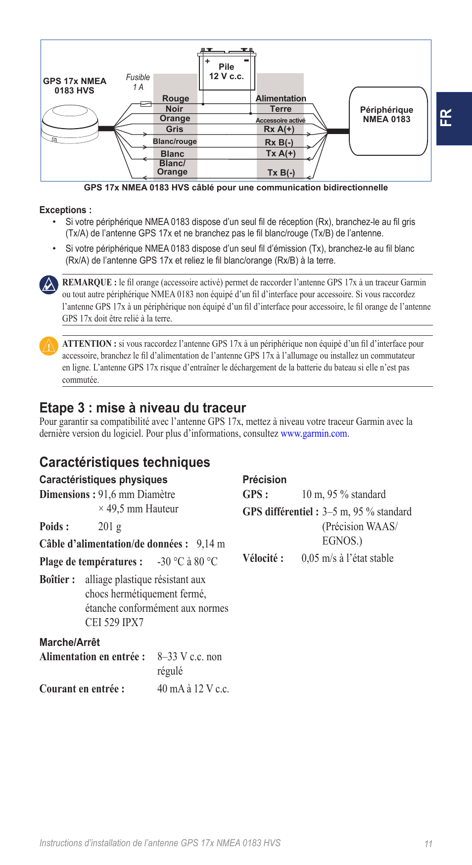 Etape 3 : mise à niveau du traceur, Caractéristiques techniques | Garmin NMEA 0183 User Manual | Page 11 / 48