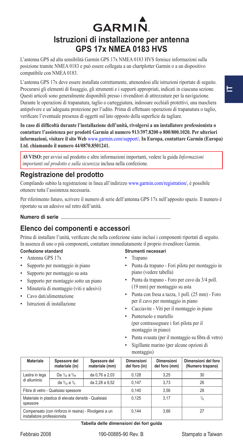 Istruzioni di installazione, Registrazione del prodotto, Elenco dei componenti e accessori | Garmin NMEA 0183 User Manual | Page 13 / 48