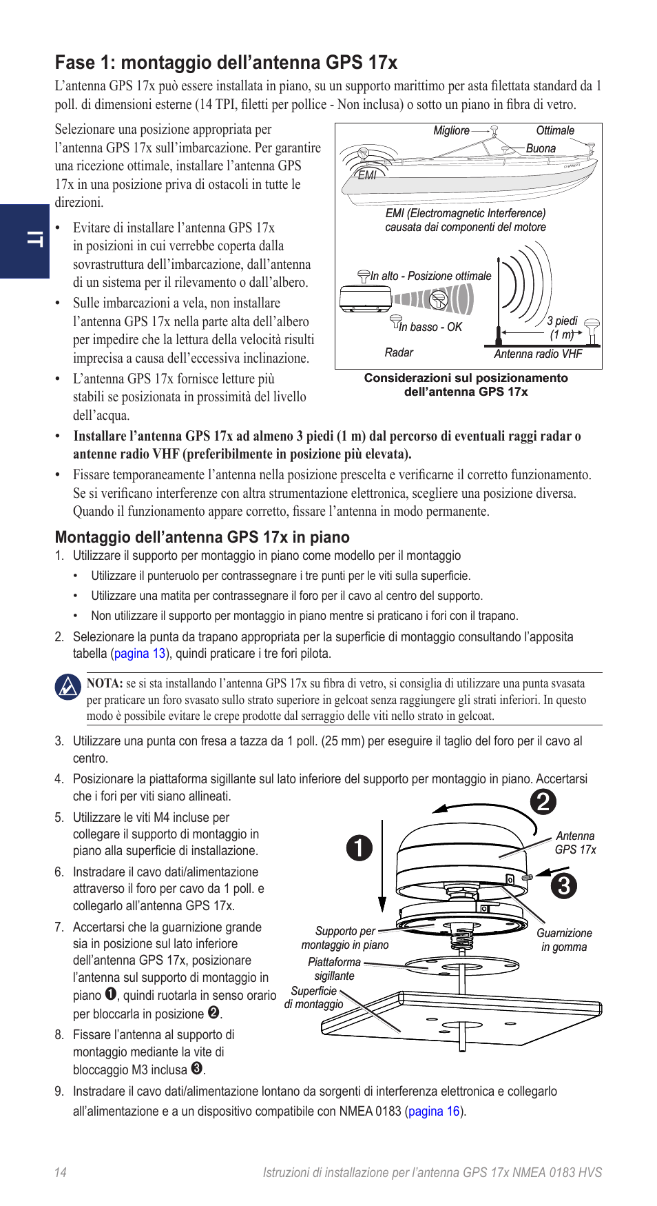 Fase 1: montaggio dell’antenna gps 17x, Montaggio dell’antenna gps 17x in piano | Garmin NMEA 0183 User Manual | Page 14 / 48