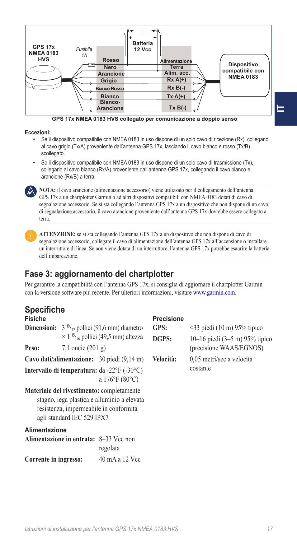 Fase 3: aggiornamento del chartplotter, Specifiche, Dimensioni: 3 | Pollici (91,6 mm) diametro × 1 | Garmin NMEA 0183 User Manual | Page 17 / 48