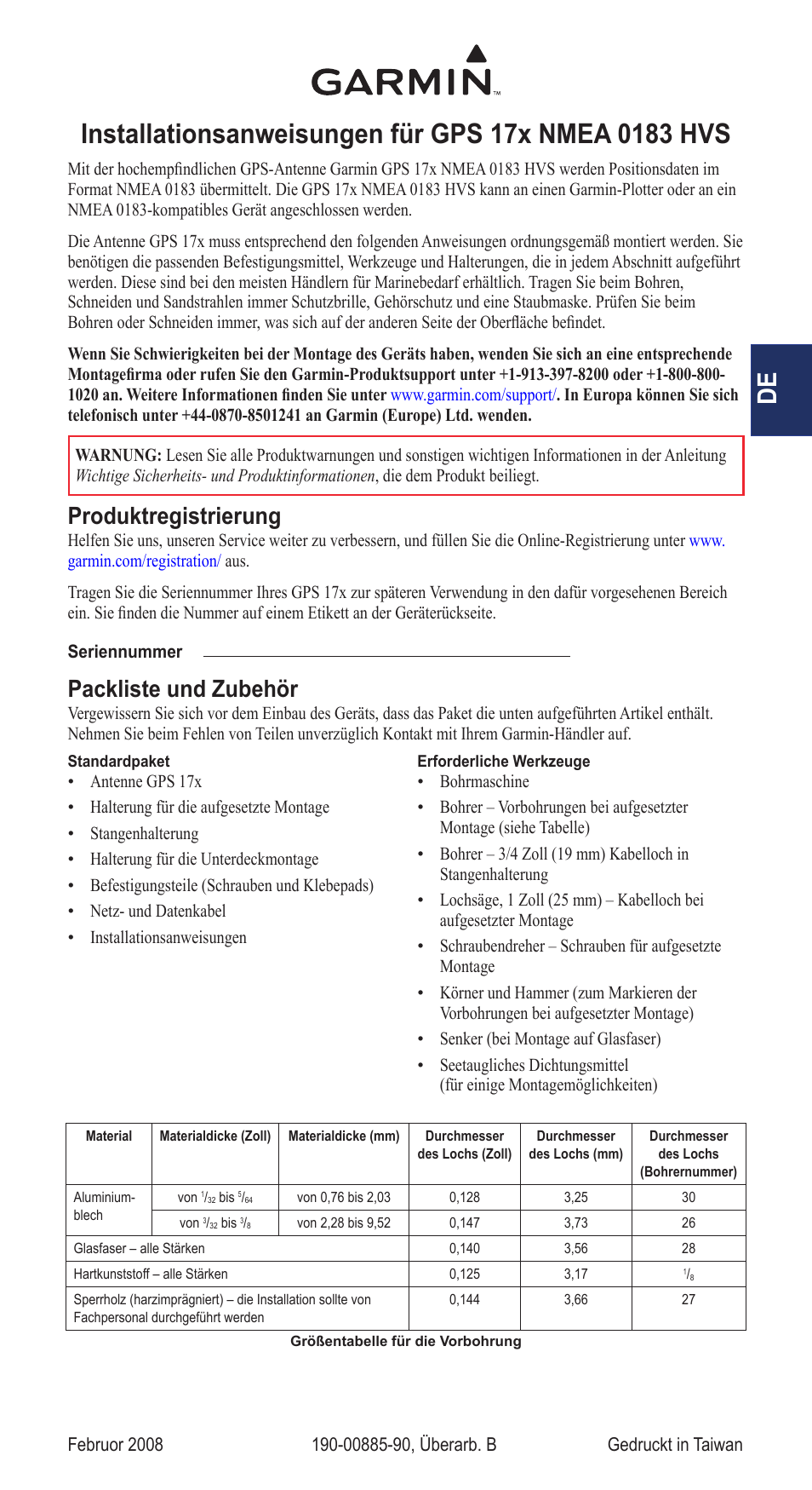 Installationsanweisungen, Produktregistrierung, Packliste und zubehör | Garmin NMEA 0183 User Manual | Page 19 / 48