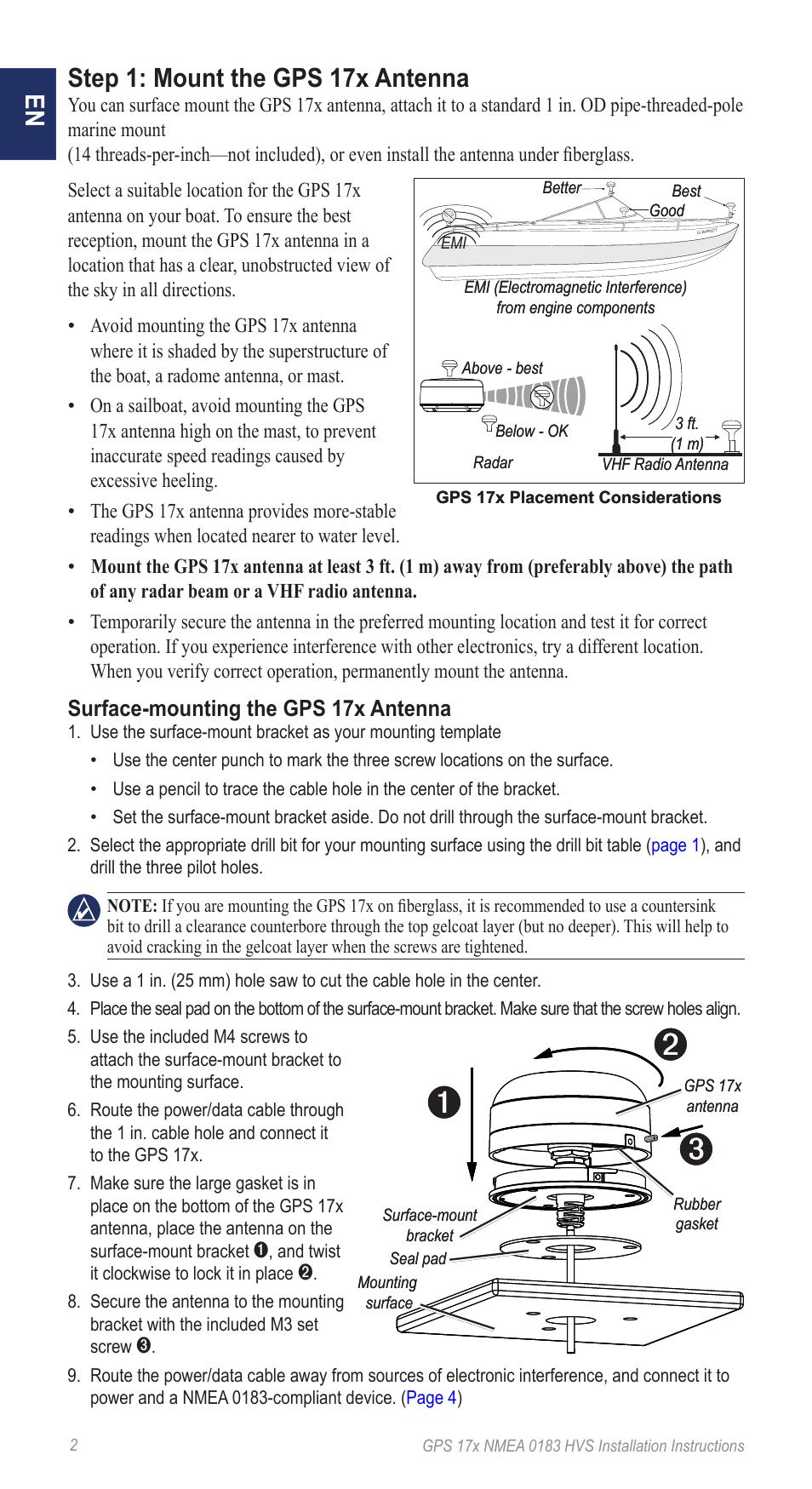 En step 1: mount the gps 17x antenna, Surface-mounting the gps 17x antenna | Garmin NMEA 0183 User Manual | Page 2 / 48