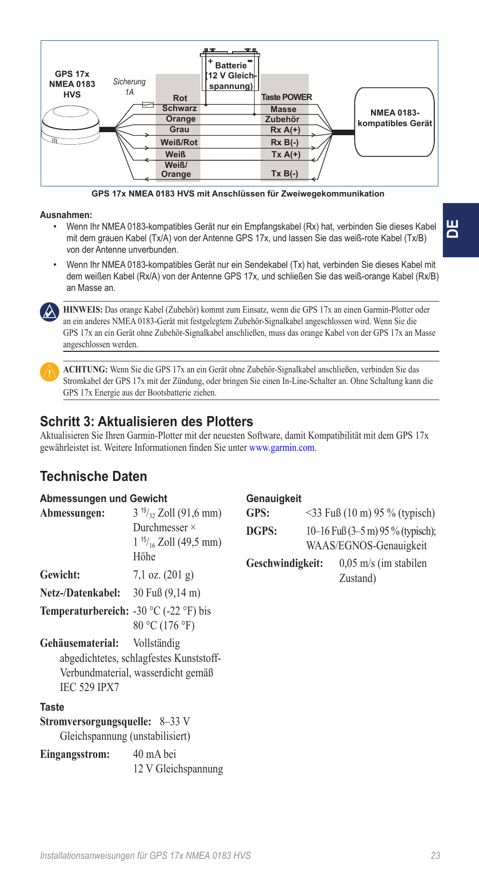 Schritt 3: aktualisieren des plotters, Technische daten | Garmin NMEA 0183 User Manual | Page 23 / 48